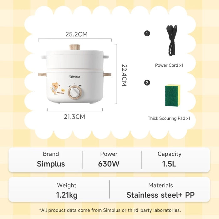 ELECTRIC COOKING POT 003 DOUBLE HANDLE W/STEAMER 1.5L WH EU