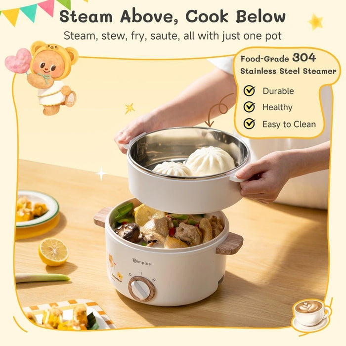 ELECTRIC COOKING POT 003 DOUBLE HANDLE W/STEAMER 1.5L WH EU