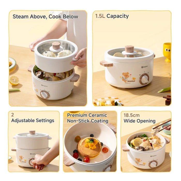 ELECTRIC COOKING POT 003 DOUBLE HANDLE W/STEAMER 1.5L WH EU